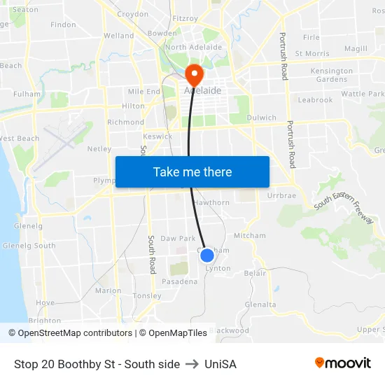 Stop 20 Boothby St - South side to UniSA map