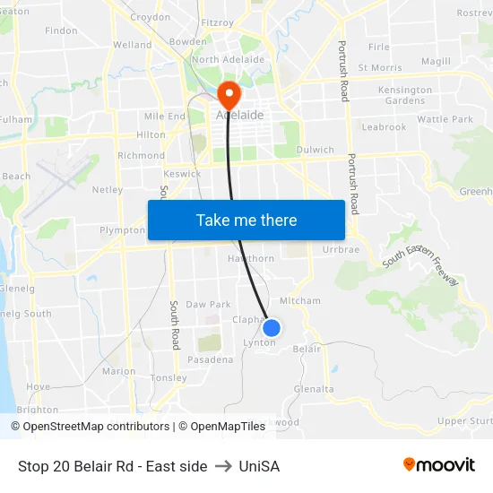 Stop 20 Belair Rd - East side to UniSA map