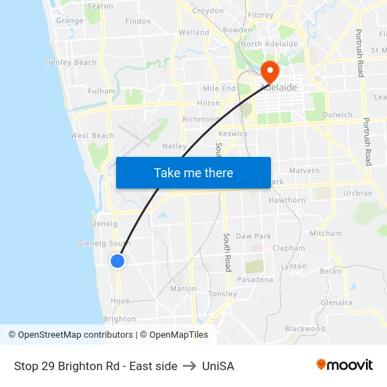 Stop 29 Brighton Rd - East side to UniSA map