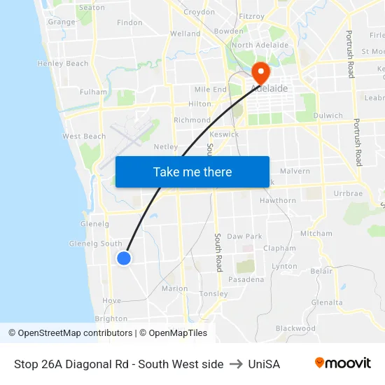 Stop 26A Diagonal Rd - South West side to UniSA map