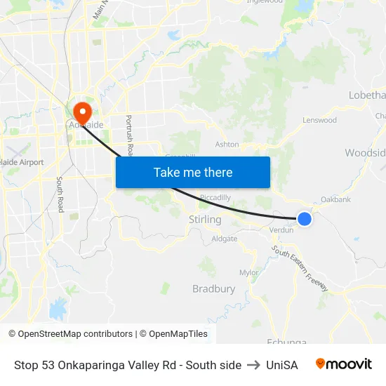Stop 53 Onkaparinga Valley Rd - South side to UniSA map