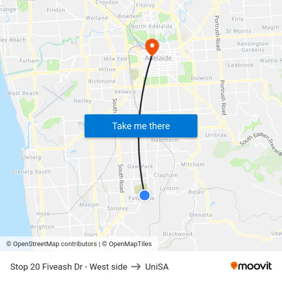 Stop 20 Fiveash Dr - West side to UniSA map