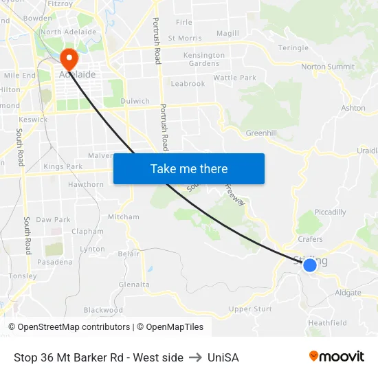 Stop 36 Mt Barker Rd - West side to UniSA map