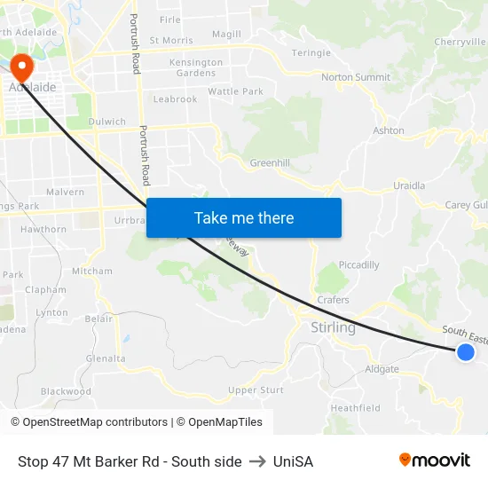 Stop 47 Mt Barker Rd - South side to UniSA map
