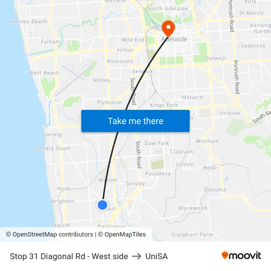 Stop 31 Diagonal Rd - West side to UniSA map