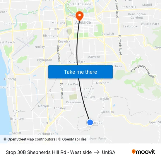 Stop 30B Shepherds Hill Rd - West side to UniSA map