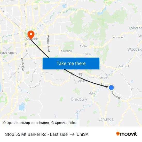 Stop 55 Mt Barker Rd - East side to UniSA map