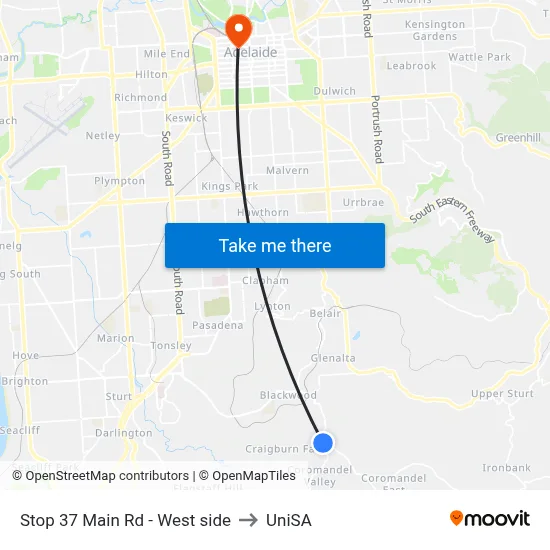 Stop 37 Main Rd - West side to UniSA map