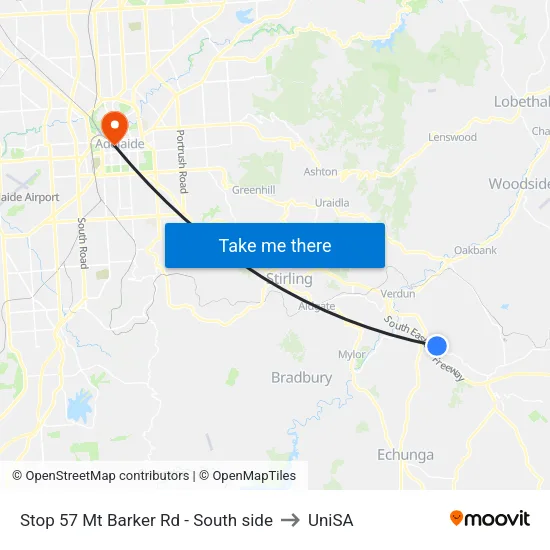 Stop 57 Mt Barker Rd - South side to UniSA map