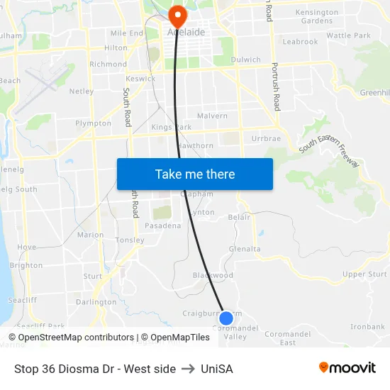 Stop 36 Diosma Dr - West side to UniSA map