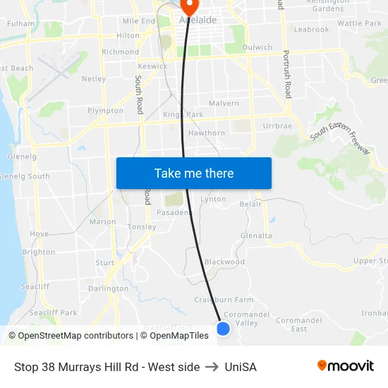 Stop 38 Murrays Hill Rd - West side to UniSA map