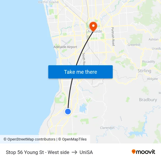Stop 56 Young St - West side to UniSA map