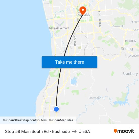 Stop 58 Main South Rd - East side to UniSA map