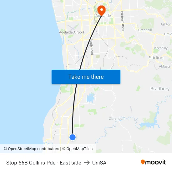 Stop 56B Collins Pde - East side to UniSA map
