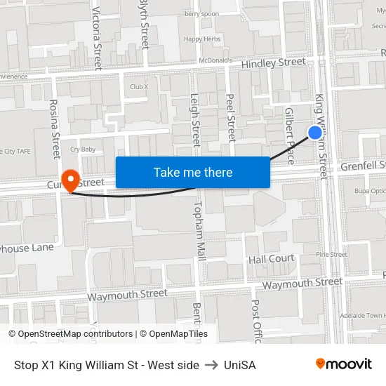 Stop X1 King William St - West side to UniSA map