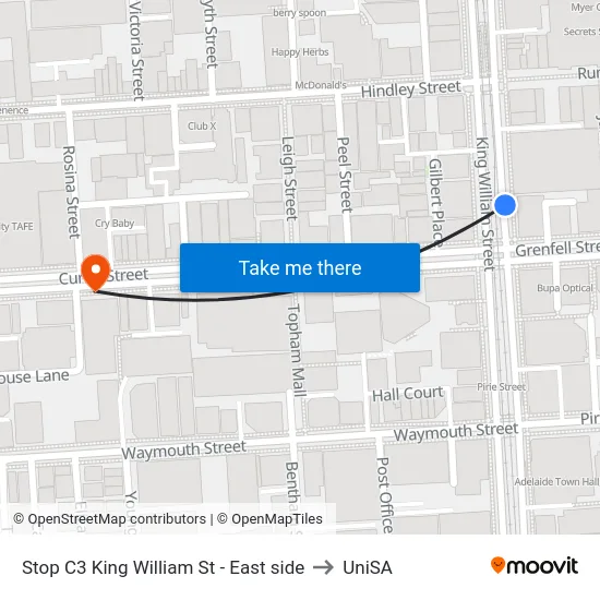 Stop C3 King William St - East side to UniSA map
