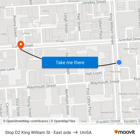 Stop D2 King William St - East side to UniSA map