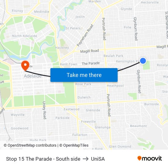 Stop 15 The Parade - South side to UniSA map