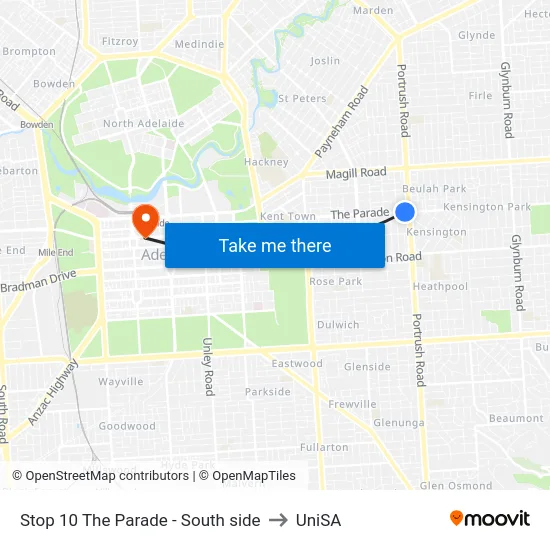 Stop 10 The Parade - South side to UniSA map