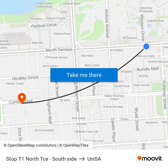 Stop T1 North Tce - South side to UniSA map