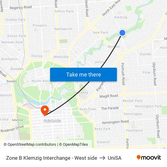 Zone B Klemzig Interchange - West side to UniSA map