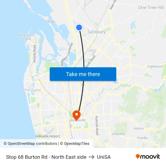 Stop 68 Burton Rd - North East side to UniSA map