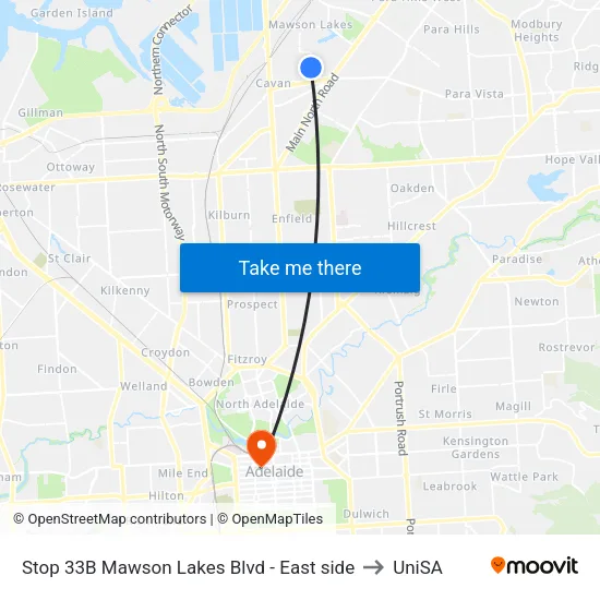 Stop 33B Mawson Lakes Blvd - East side to UniSA map