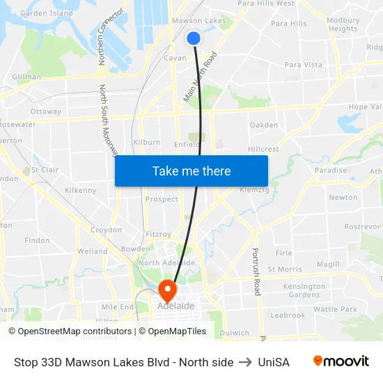 Stop 33D Mawson Lakes Blvd - North side to UniSA map