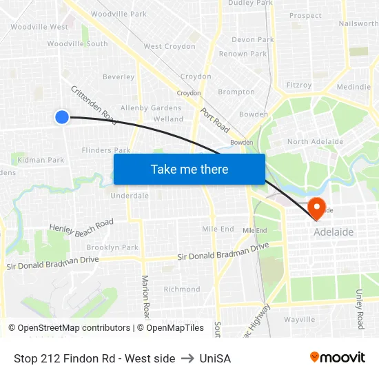 Stop 212 Findon Rd - West side to UniSA map