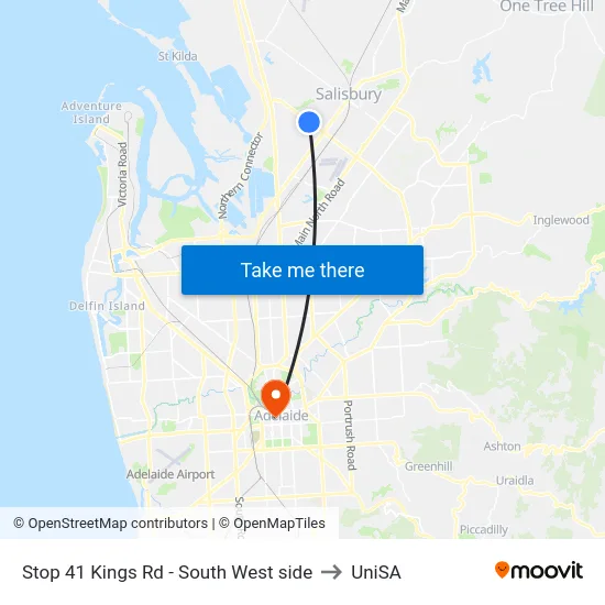 Stop 41 Kings Rd - South West side to UniSA map
