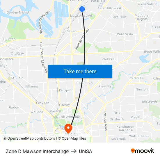 Zone D Mawson Interchange to UniSA map