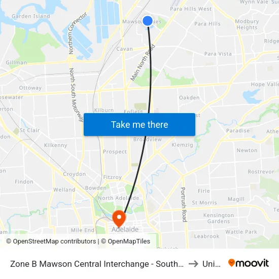 Zone B Mawson Central Interchange - South side to UniSA map
