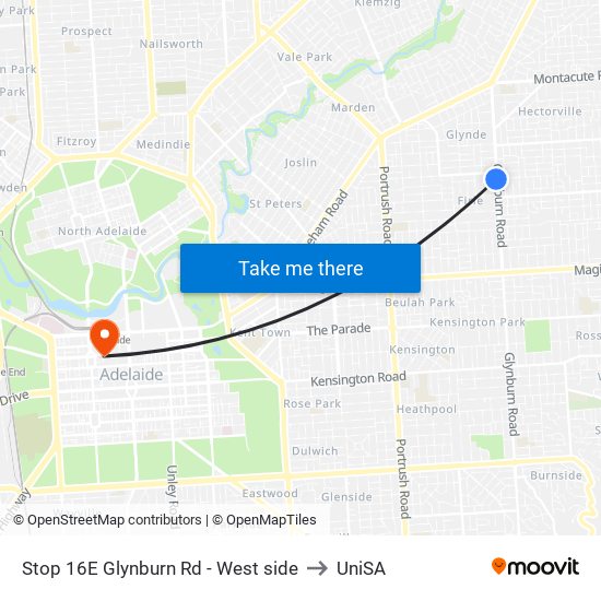 Stop 16E Glynburn Rd - West side to UniSA map