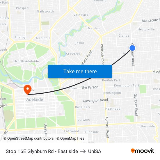 Stop 16E Glynburn Rd - East side to UniSA map