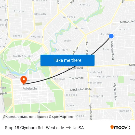 Stop 18 Glynburn Rd - West side to UniSA map