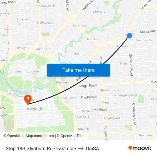 Stop 18B Glynburn Rd - East side to UniSA map