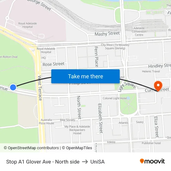 Stop A1 Glover Ave - North side to UniSA map