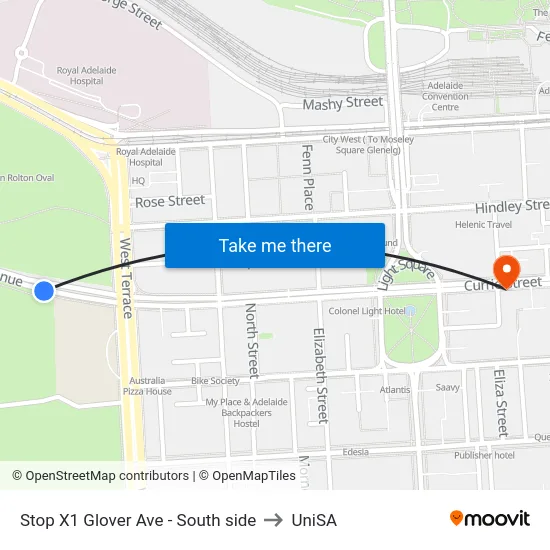 Stop X1 Glover Ave - South side to UniSA map