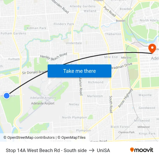 Stop 14A West Beach Rd - South side to UniSA map