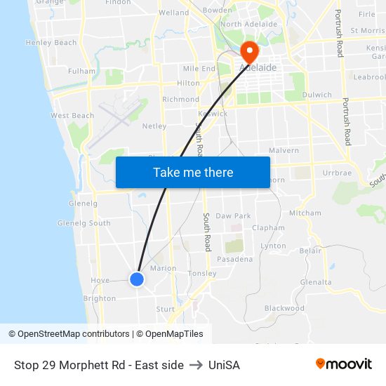 Stop 29 Morphett Rd - East side to UniSA map