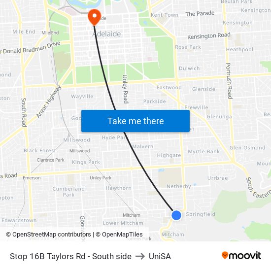 Stop 16B Taylors Rd - South side to UniSA map