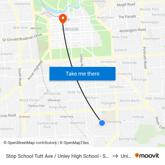 Stop School Tutt Ave / Unley High School - South side to UniSA map