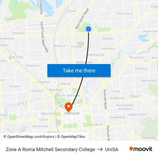 Zone A Roma Mitchell Secondary College to UniSA map