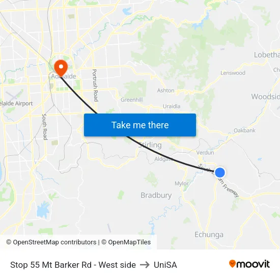 Stop 55 Mt Barker Rd - West side to UniSA map