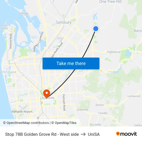 Stop 78B Golden Grove Rd - West side to UniSA map