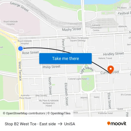 Stop B2 West Tce - East side to UniSA map