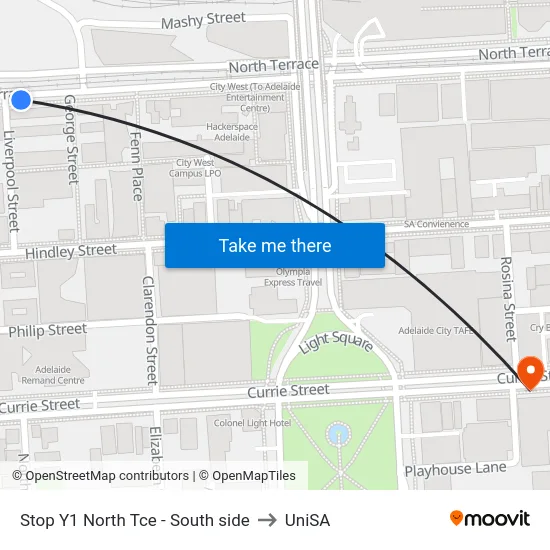 Stop Y1 North Tce - South side to UniSA map