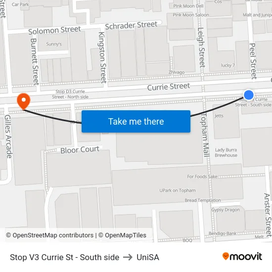 Stop V3 Currie St - South side to UniSA map