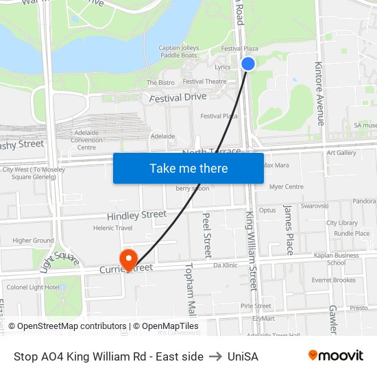 Stop AO4 King William Rd - East side to UniSA map