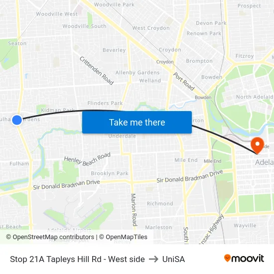Stop 21A Tapleys Hill Rd - West side to UniSA map